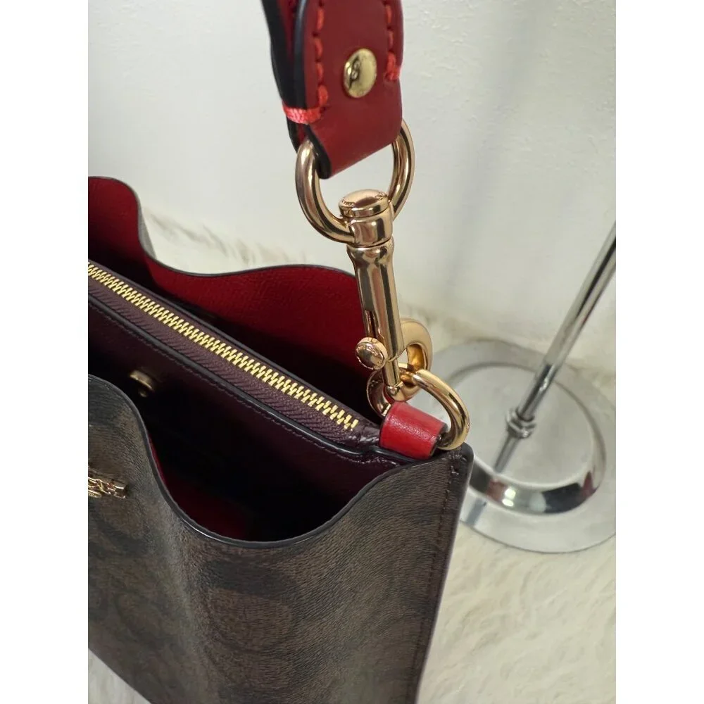 Coach Town Bucket Bag Red Brown Monogram Coated Canva Leather WT Matching Wallet